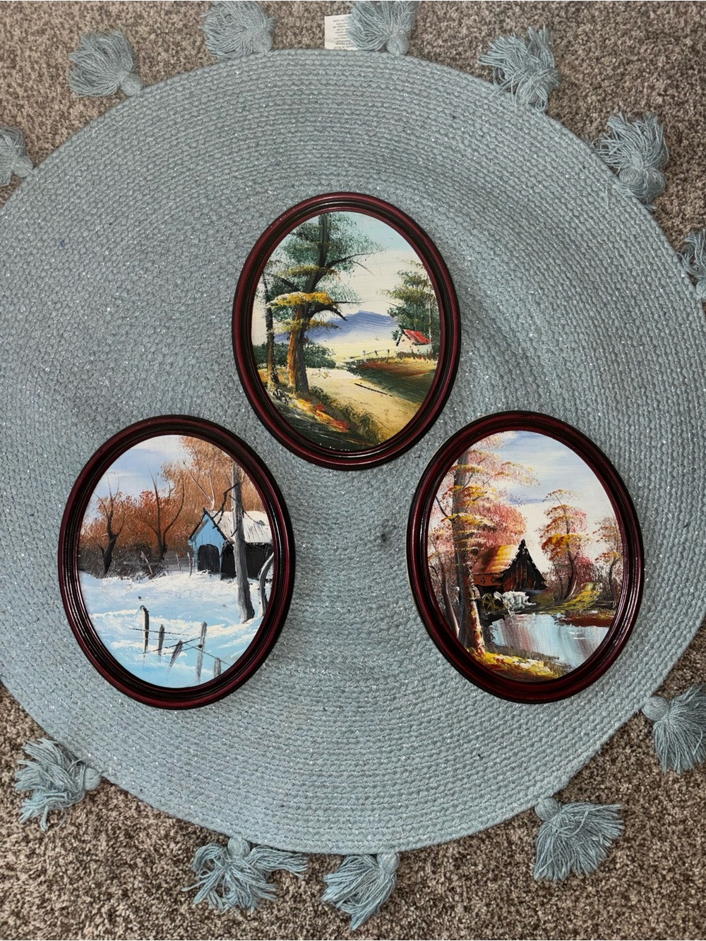 Set of Three Vintage Oval Framed Landscape Paintings - Rustic Cottage Scenes